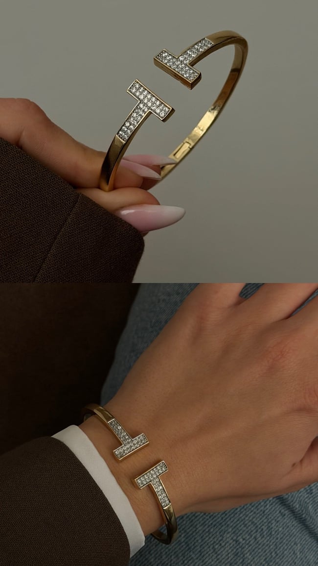 T Model Taşlı Gold Kelepçe Kadın Bileklik