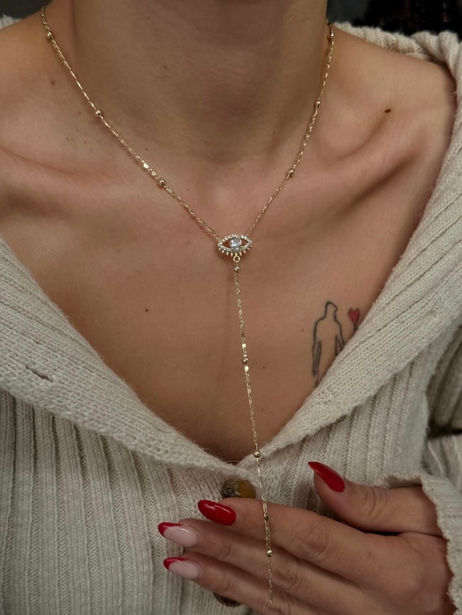Taşlı Göz Figürlü Y Model Altın Zincir Kolye