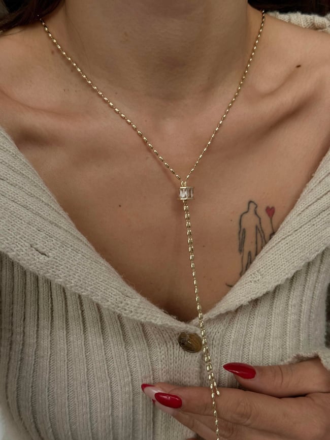 Taşlı Silindir Detaylı Y Model Altın Zincir Kolye