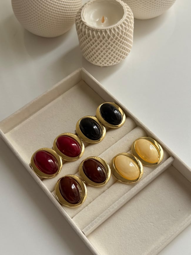 Vintage Oval Doğal Taş Görünümlü Altın Kaplama Kadın Küpe