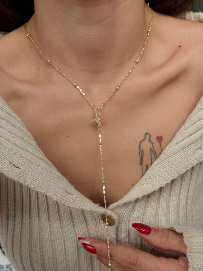 Yıldız Detaylı Zirkon Taşlı Y Model Altın Kaplama Kolye