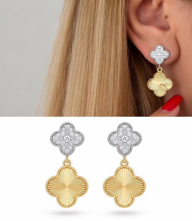 Yonca Motifli Zirkon Taşlı Gold Küpe
