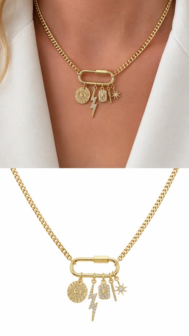 Zirkon Taşlı Charm Detaylı Gold Kolye