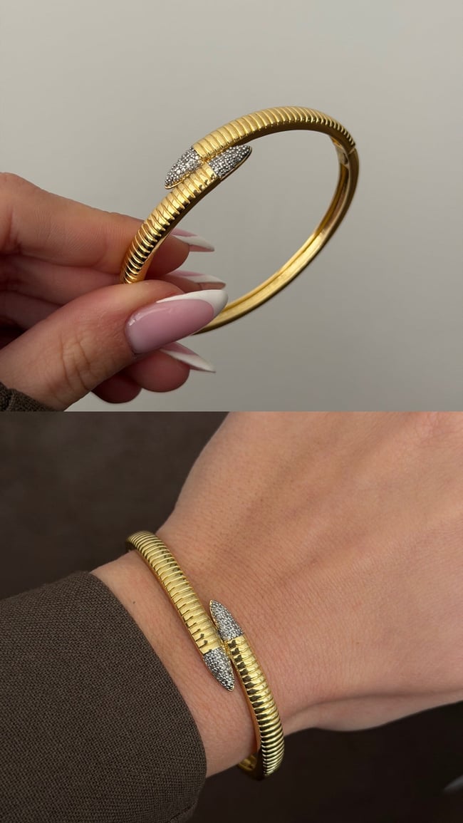 Zirkon Taşlı Çivi Tasarım Gold Kelepçe Kadın Bileklik