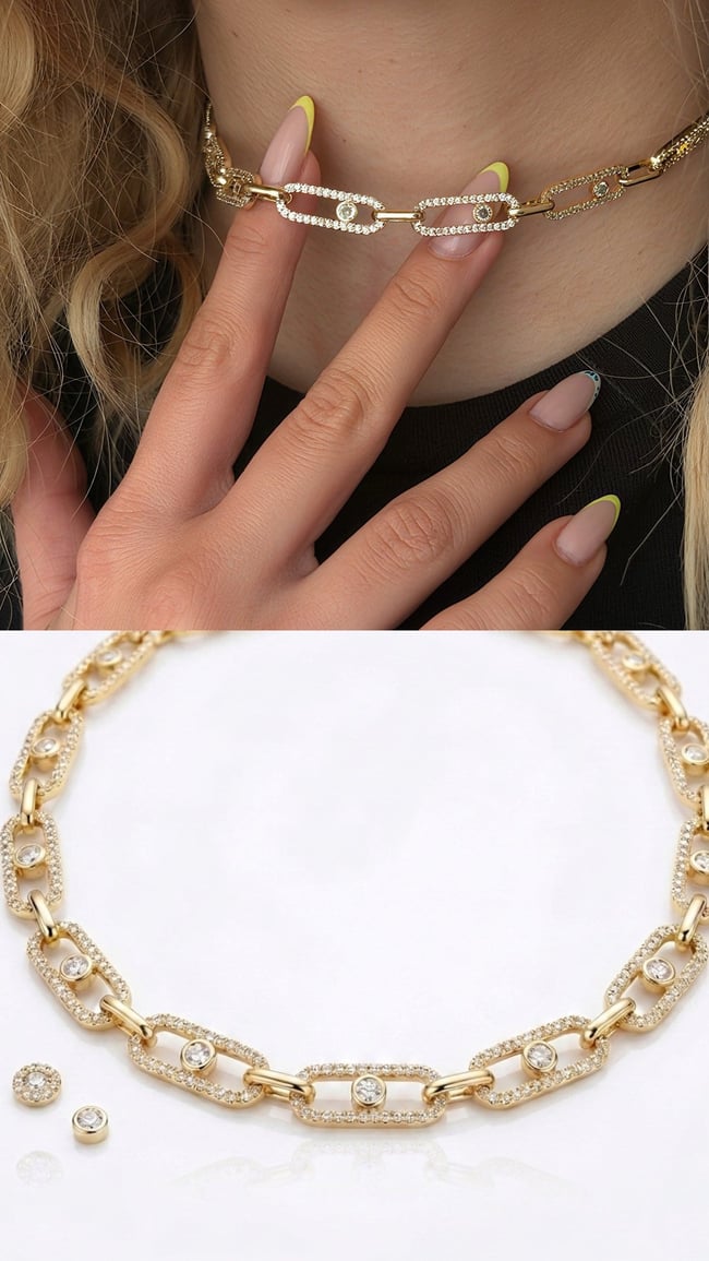 Zirkon Taşlı Gold Oval Halka Zincir Kolye