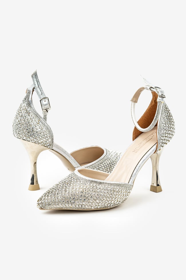 Kadın Gümüş Topuklu Stiletto Abiye Ayakkabı – Düğün & Davet