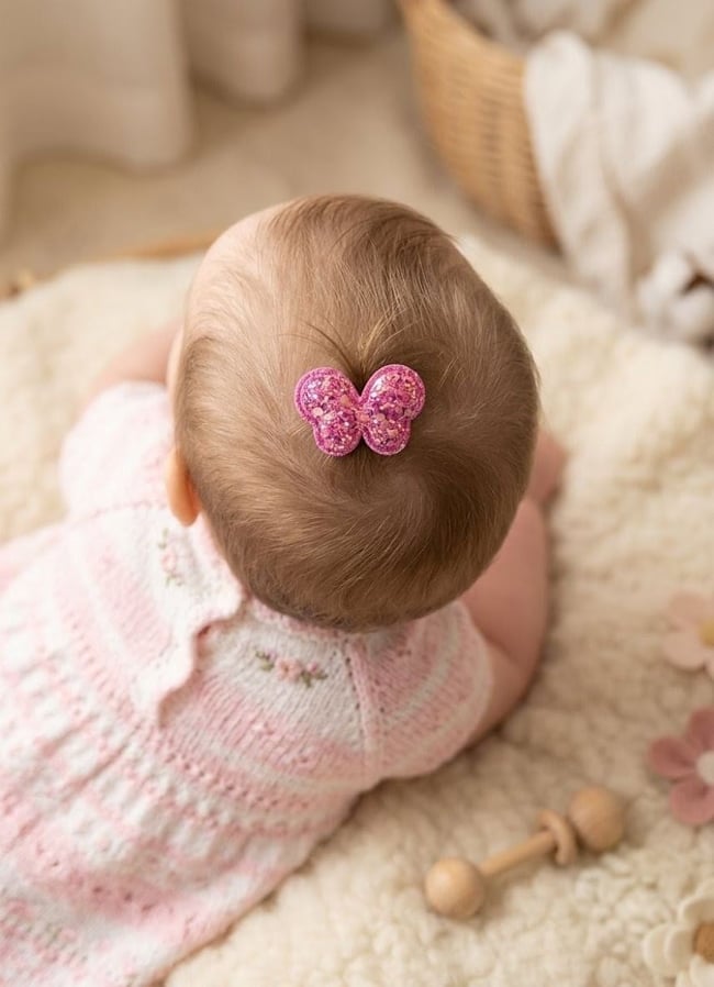 Toka DelisiTOKABebekler İçin Somon Pembe Glitter Taç Figürlü  Saçsız Bebek TokasıBebekler İçin Koyu Pembe Glitter Işıltılı Kelebek Figürlü  Saçsız Bebek Tokası