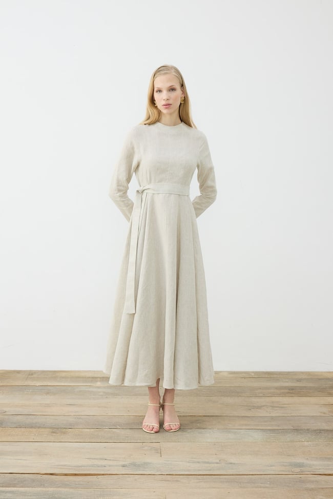 CLARA %100 KETEN OTURTMALI ELBİSE