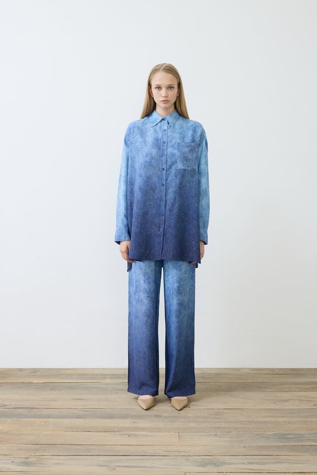 DENİM DESENLİ RAYON VİSKON PANTOLONLU TAKIM