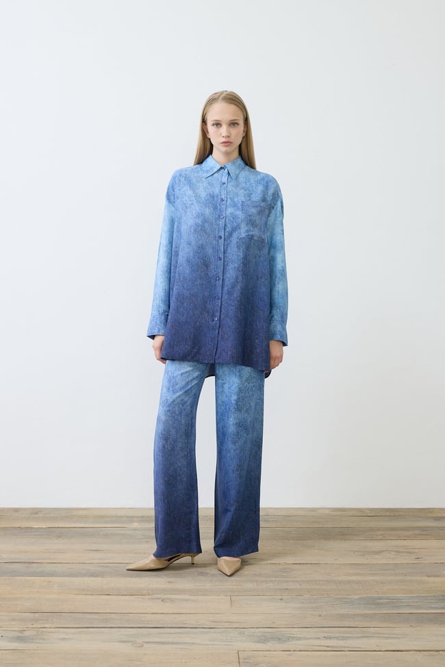 DENİM DESENLİ RAYON VİSKON PANTOLONLU TAKIM