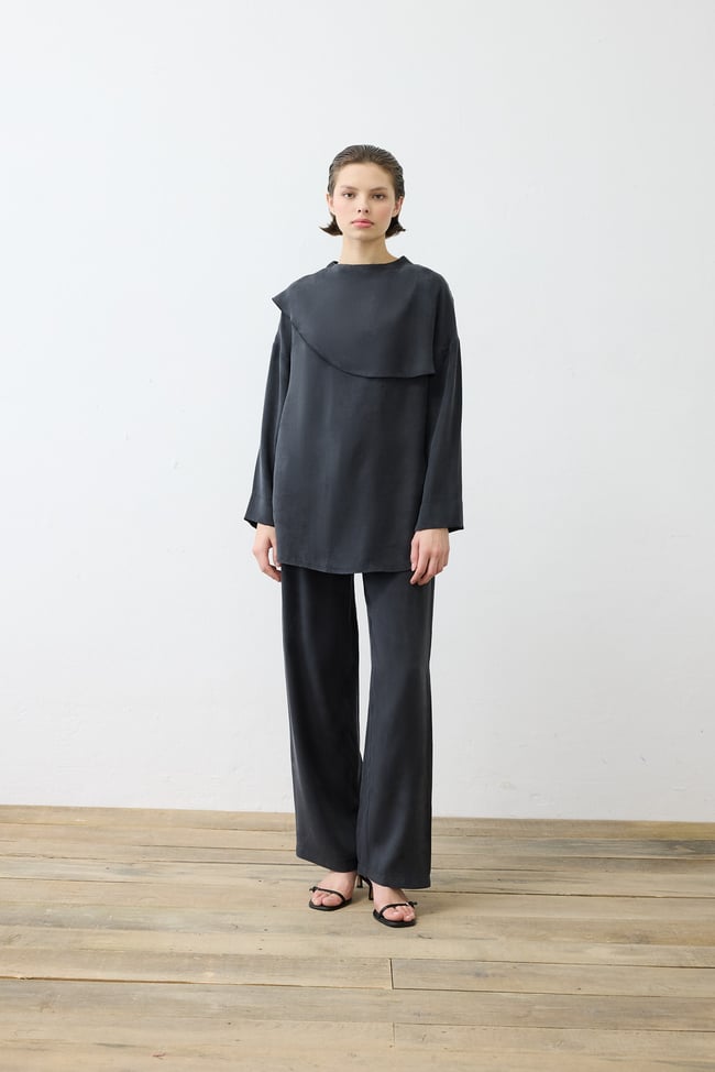 ELVA TAŞLANMIŞ İPEK ŞAL DETAYLI  PANTOLONLU TAKIM