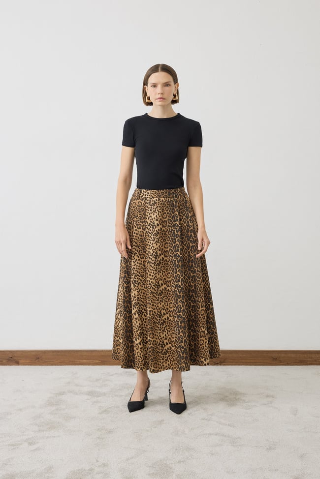 FLAM LEOPAR DESENLİ PİLELİ ETEK