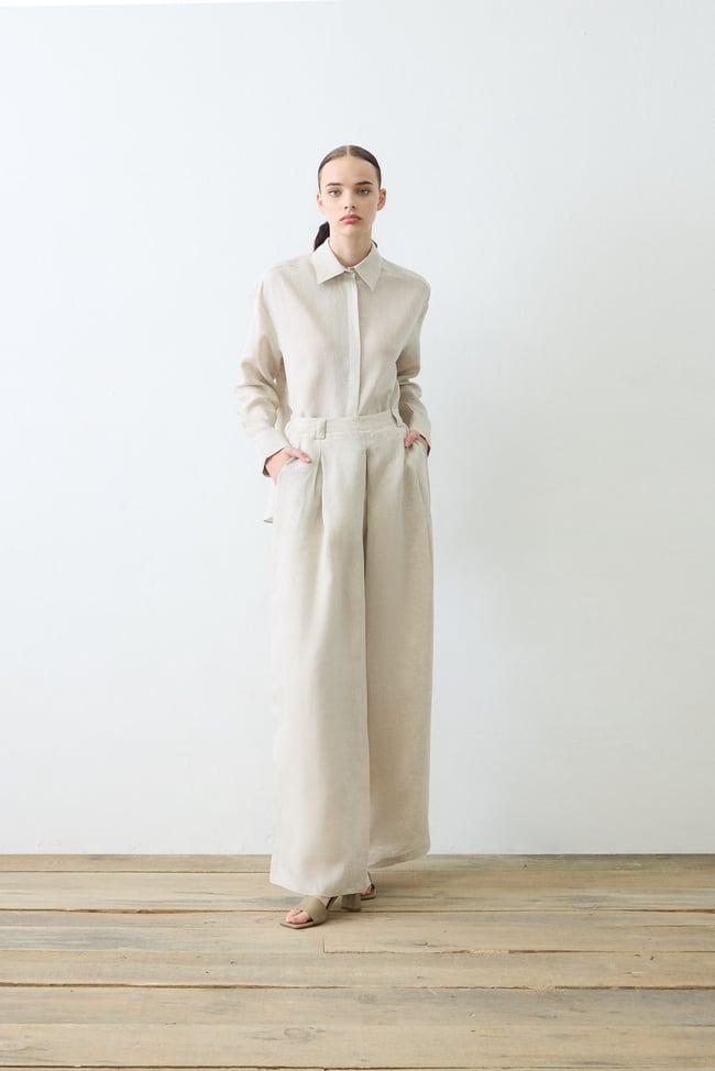 NATURAL %100 KETEN PİLE DETAYLI PANTOLON TAKIM