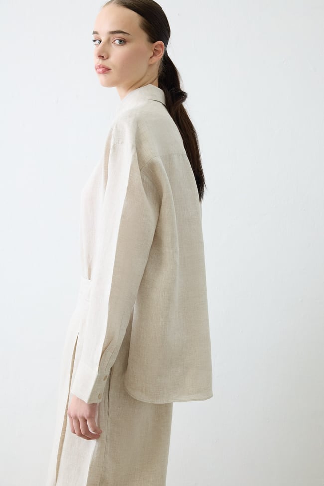 NATURAL %100 KETEN PİLE DETAYLI PANTOLON TAKIM