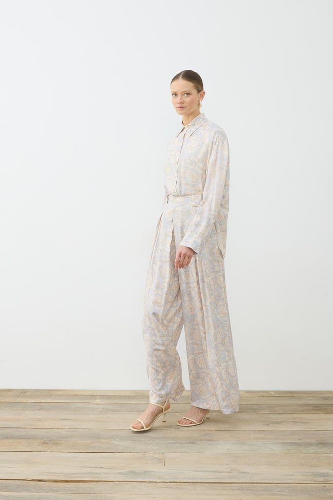 PASTEL DESEN VİSKON RAYON PİLE DETAYLI PANTOLON TAKIM