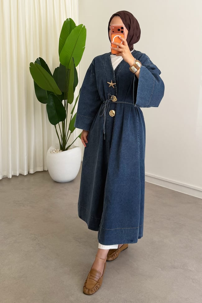  Denim Kimono Elbise - Açık Kot