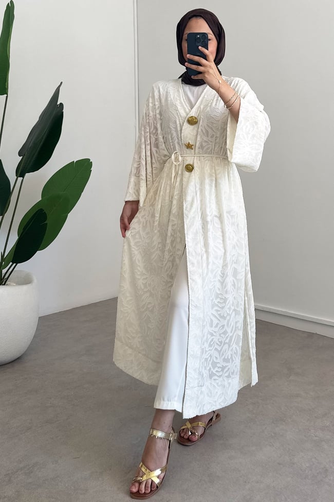  Keten Kimono Elbise - Bej