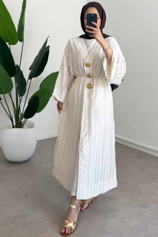  Keten Kimono Elbise - Bej
