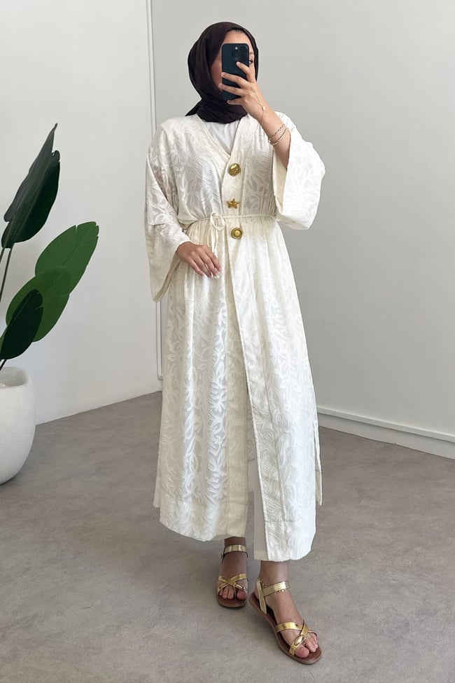  Keten Kimono Elbise - Bej