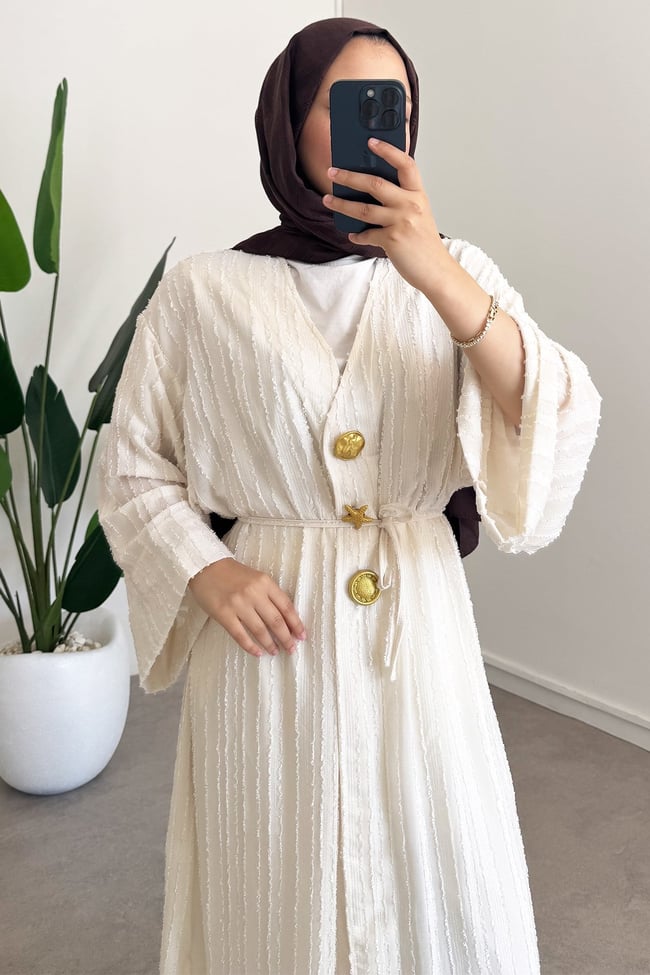  Keten Kimono Elbise - Bej