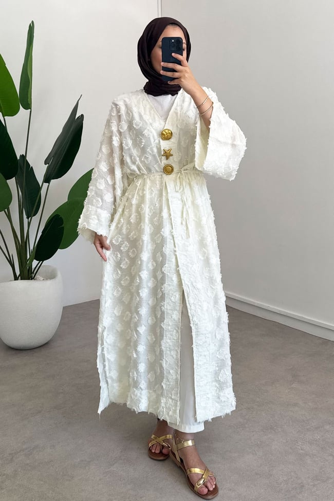  Keten Kimono Elbise - Ekru