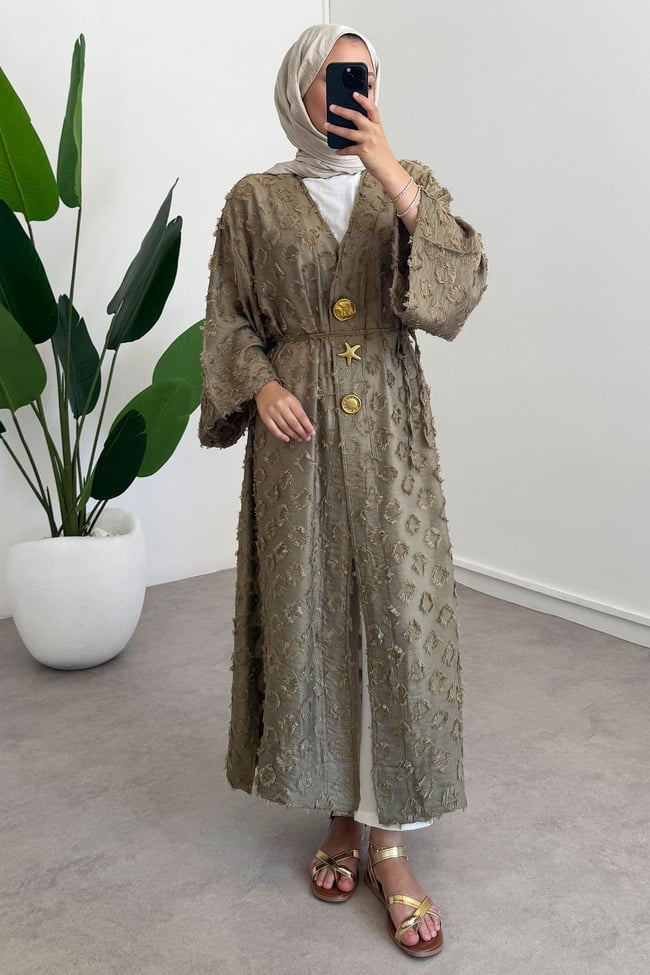  Keten Kimono Elbise - Haki Yeşil