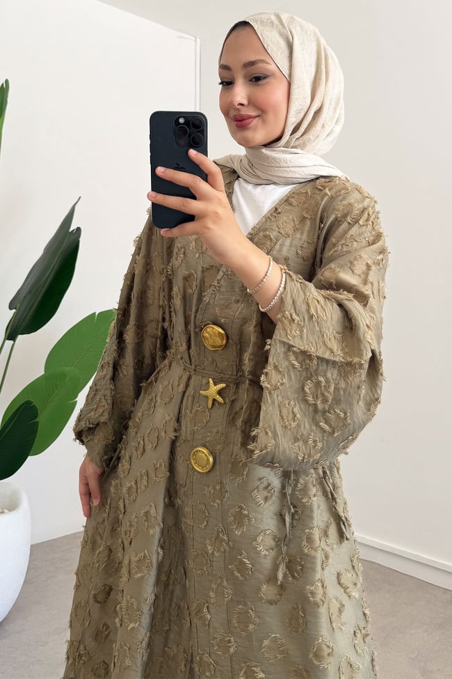  Keten Kimono Elbise - Haki Yeşil