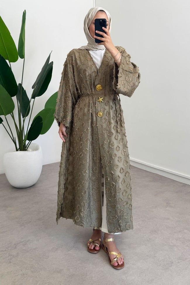  Keten Kimono Elbise - Haki Yeşil