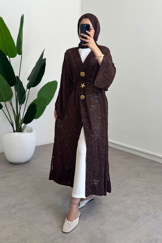  Keten Kimono Elbise - Kahverengi