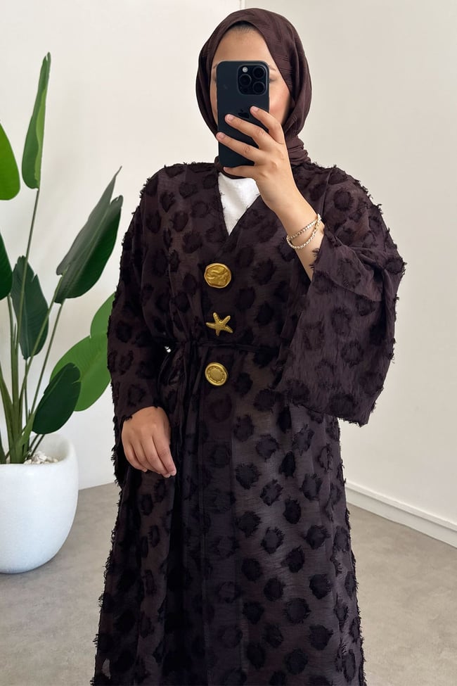  Keten Kimono Elbise - Kahverengi