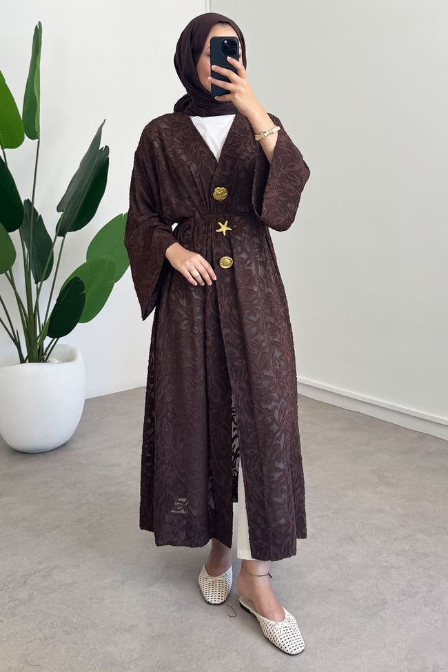  Keten Kimono Elbise - Kahverengi
