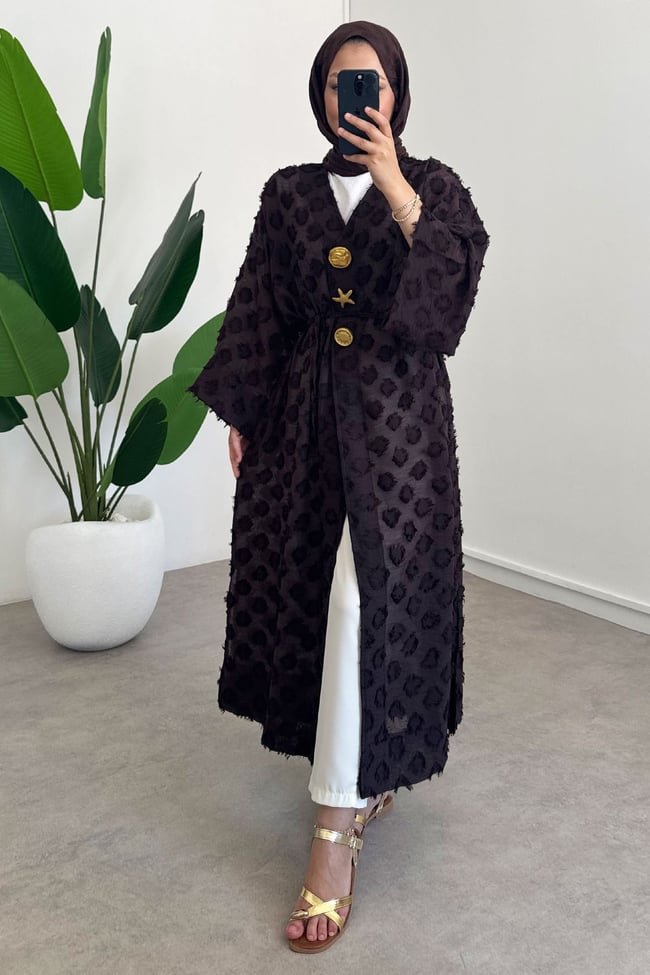  Keten Kimono Elbise - Kahverengi