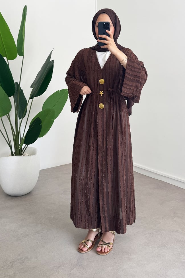  Keten Kimono Elbise - Kahverengi
