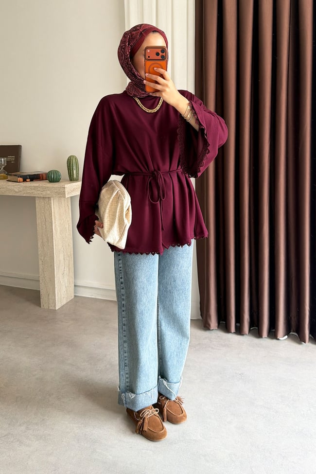 Bagcıklı Dantel Tunik - Mürdüm