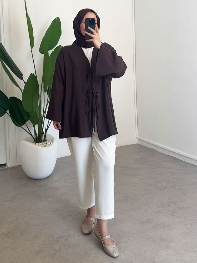 Baglama Detay Kimono - Kahverengi