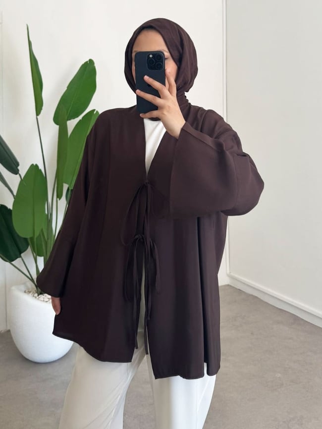 Baglama Detay Kimono - Kahverengi