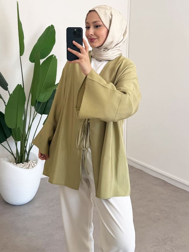 Baglama Detay Kimono - Olive