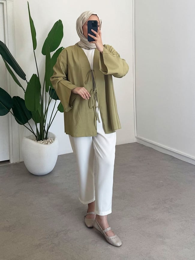 Baglama Detay Kimono - Olive