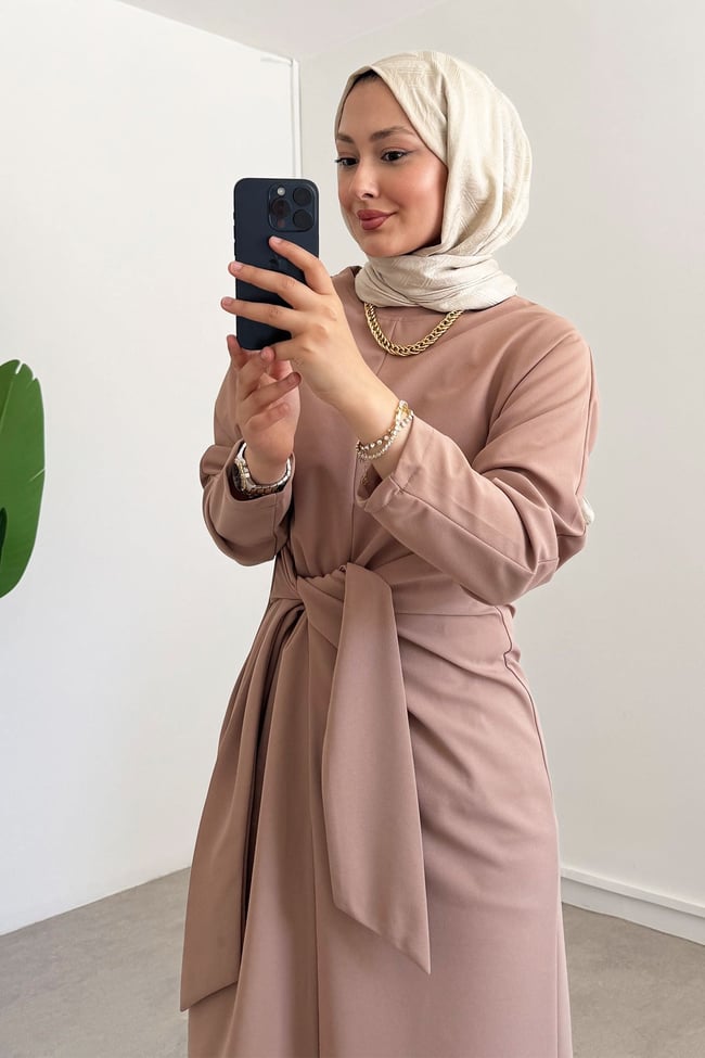 Baglamalı Detay Elbise - Vizon