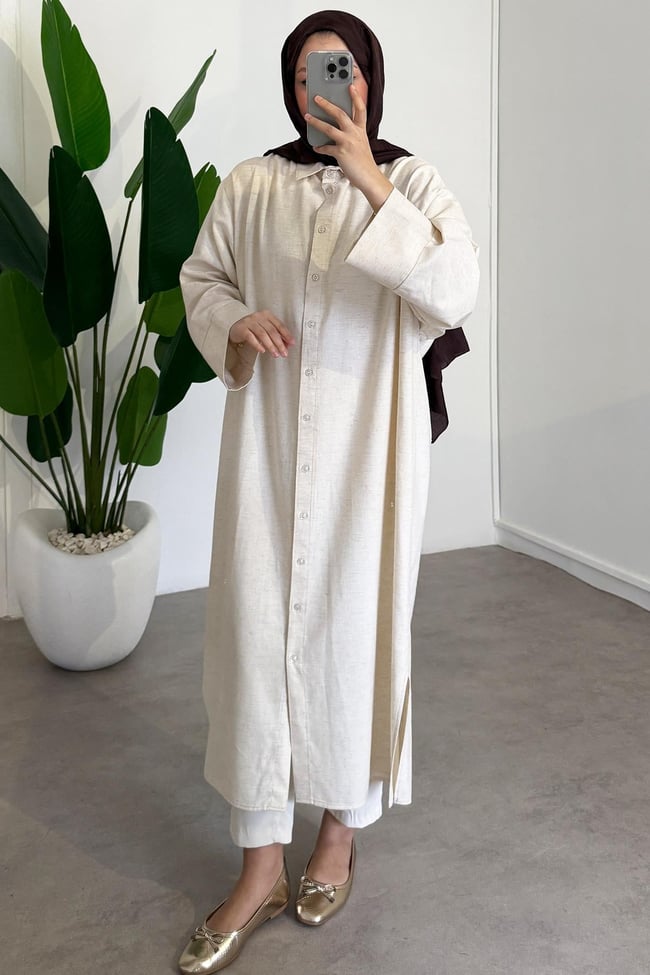 Basıc Uzun Gömlek - Bej