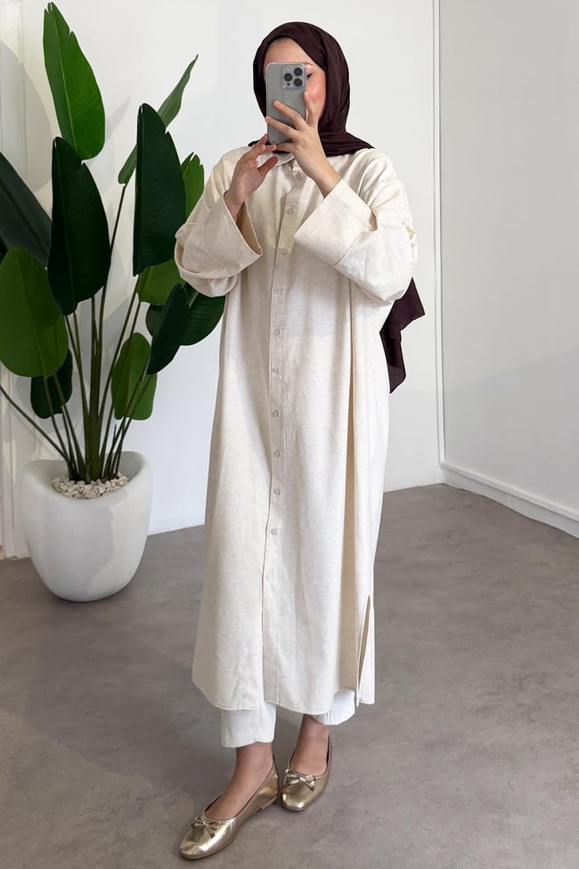 Basıc Uzun Gömlek - Bej