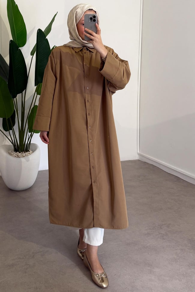 Basıc Uzun Gömlek - Vizon