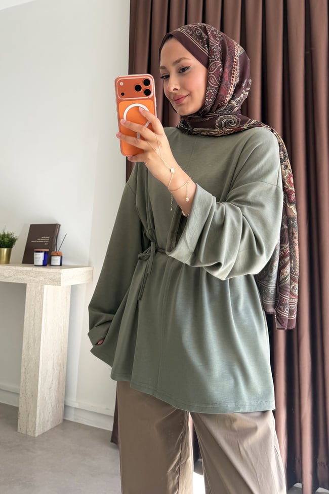 Biyeli Bagcıklı Tunik - Haki