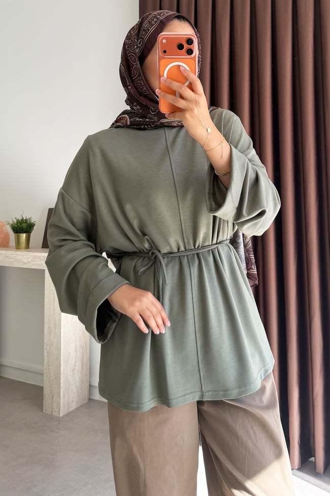 Biyeli Bagcıklı Tunik - Haki