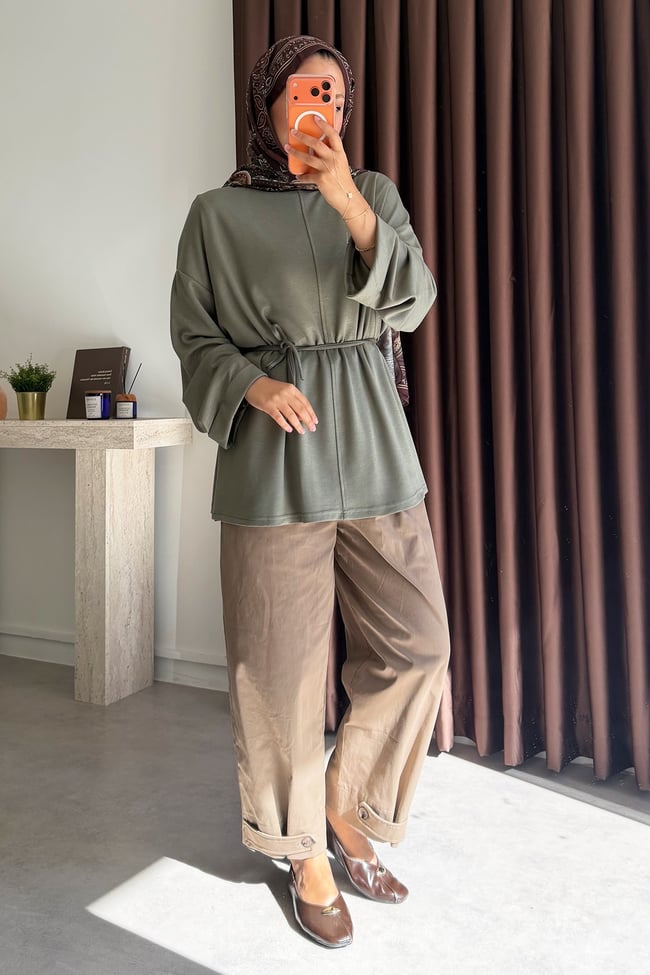 Biyeli Bagcıklı Tunik - Haki