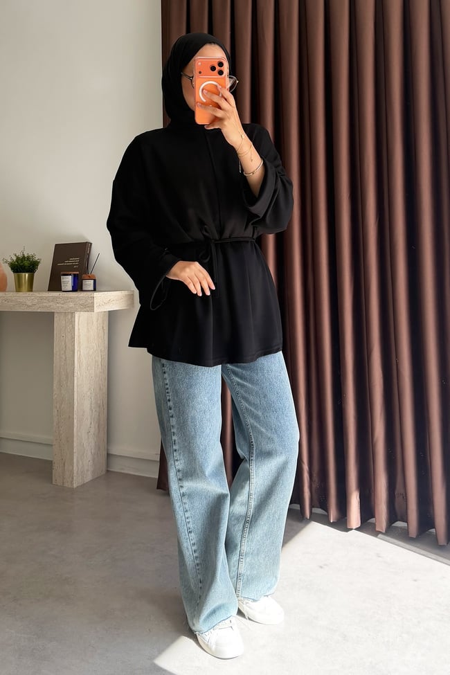Biyeli Bagcıklı Tunik - Siyah