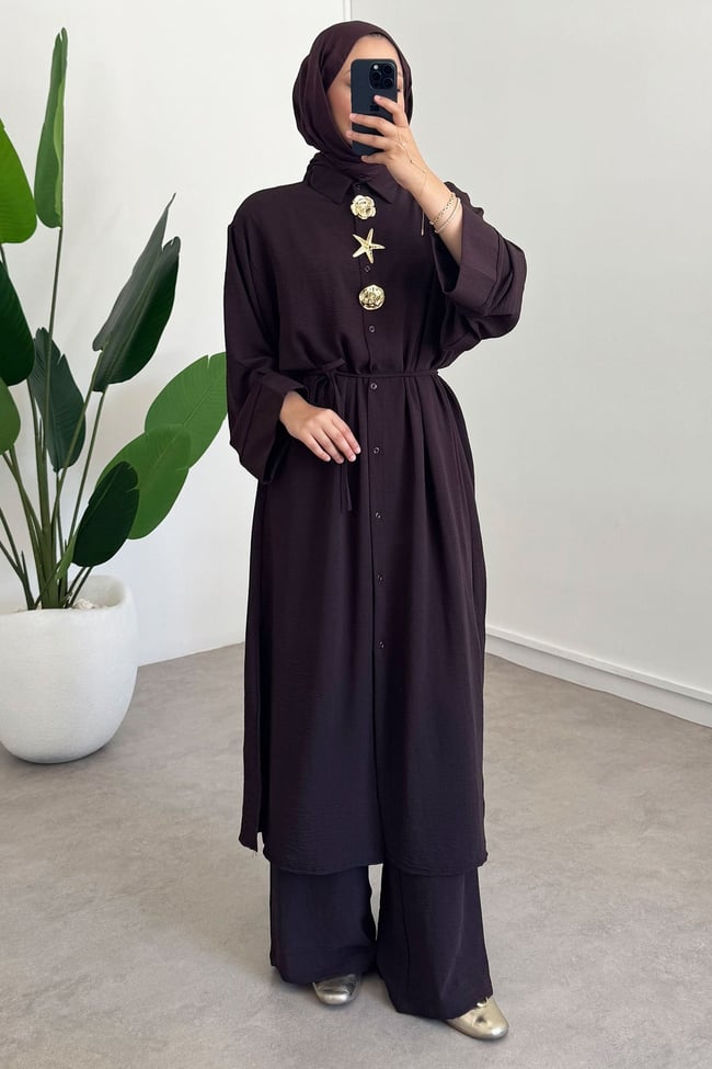 Broşlu Uzun Tunik Takım - Bordo