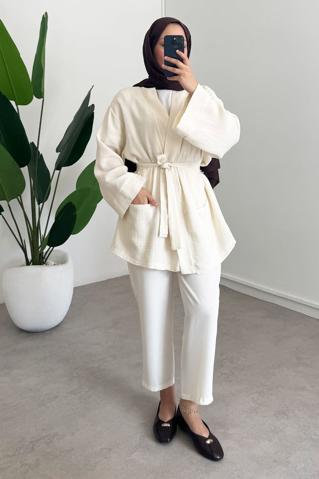 Cep Detay Kimono - Bej