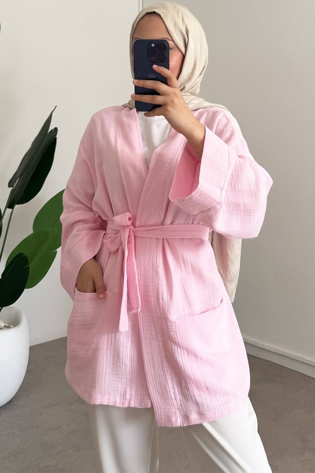 Cep Detay Kimono - Pembe