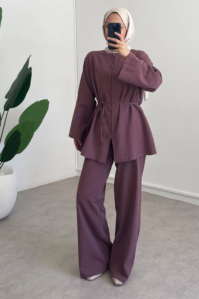 Çift Düğme Keten Takım - Bordo